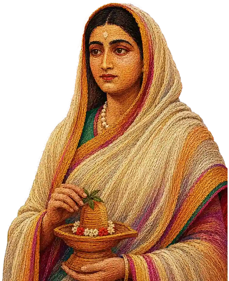 Illustrated royal woman in traditional attire holding a decorated Shiva lingam, representing Maheshwar heritage
