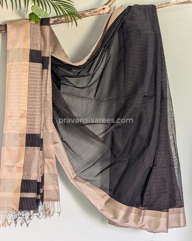 Full view of Maheshwari Classic Black Striped Saree with Pure Zari Lining