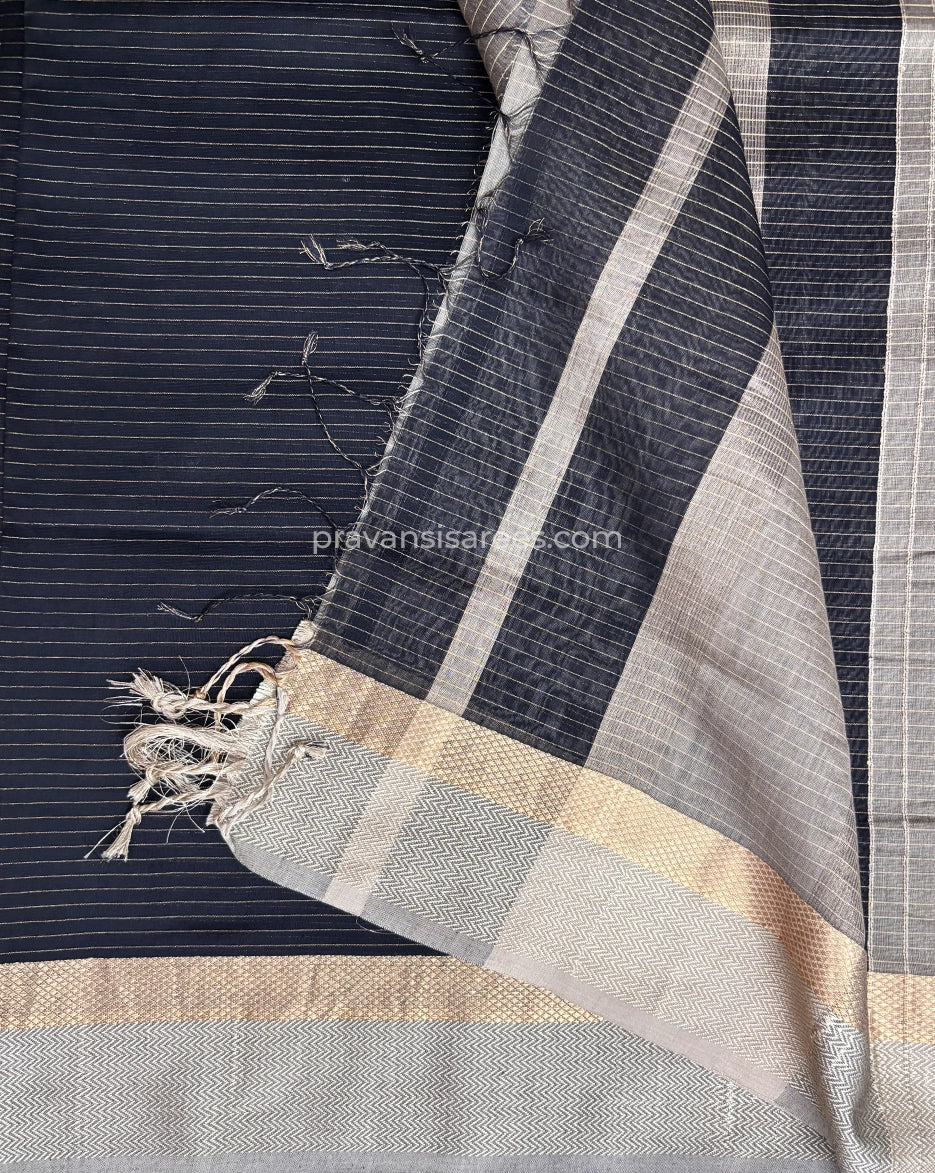 Product view of the Maheshwari Classic Black Striped Saree with Pure Zari Lining