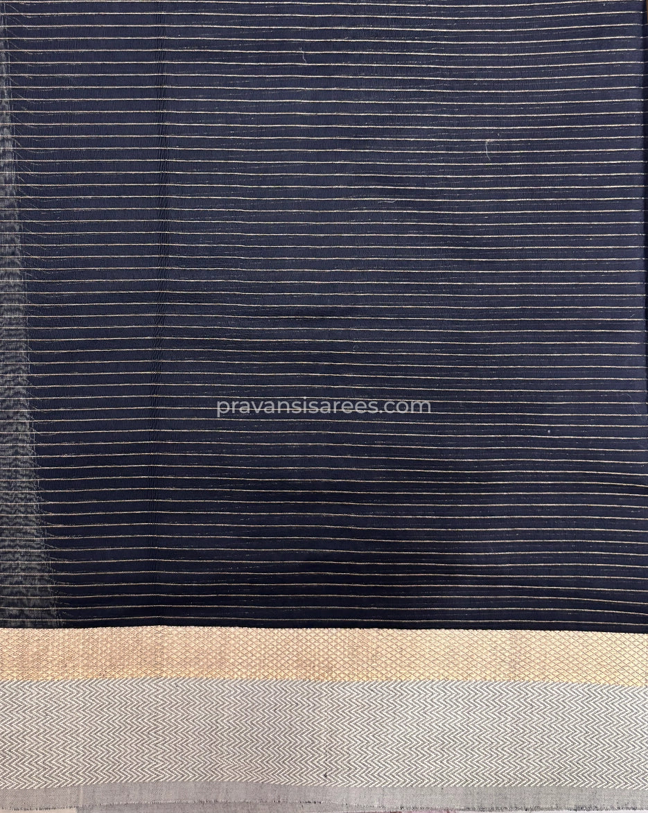 Open view of the Maheshwari Classic Black Striped Saree with Pure Zari Lining showing the full saree design