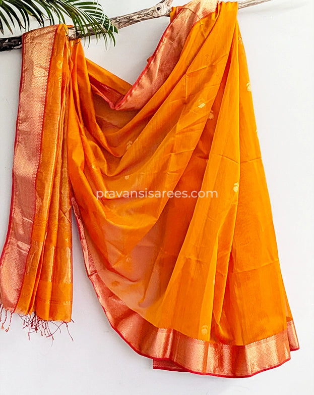 Full view of Maheshwari Lotus Butta Orange Saree