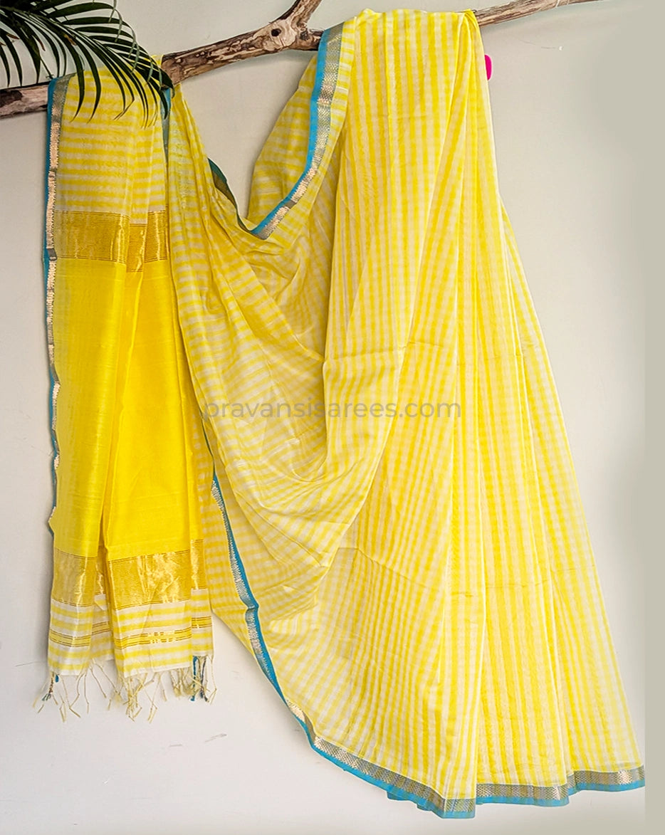 Full view of Maheshwari Pure Yellow Striped Saree