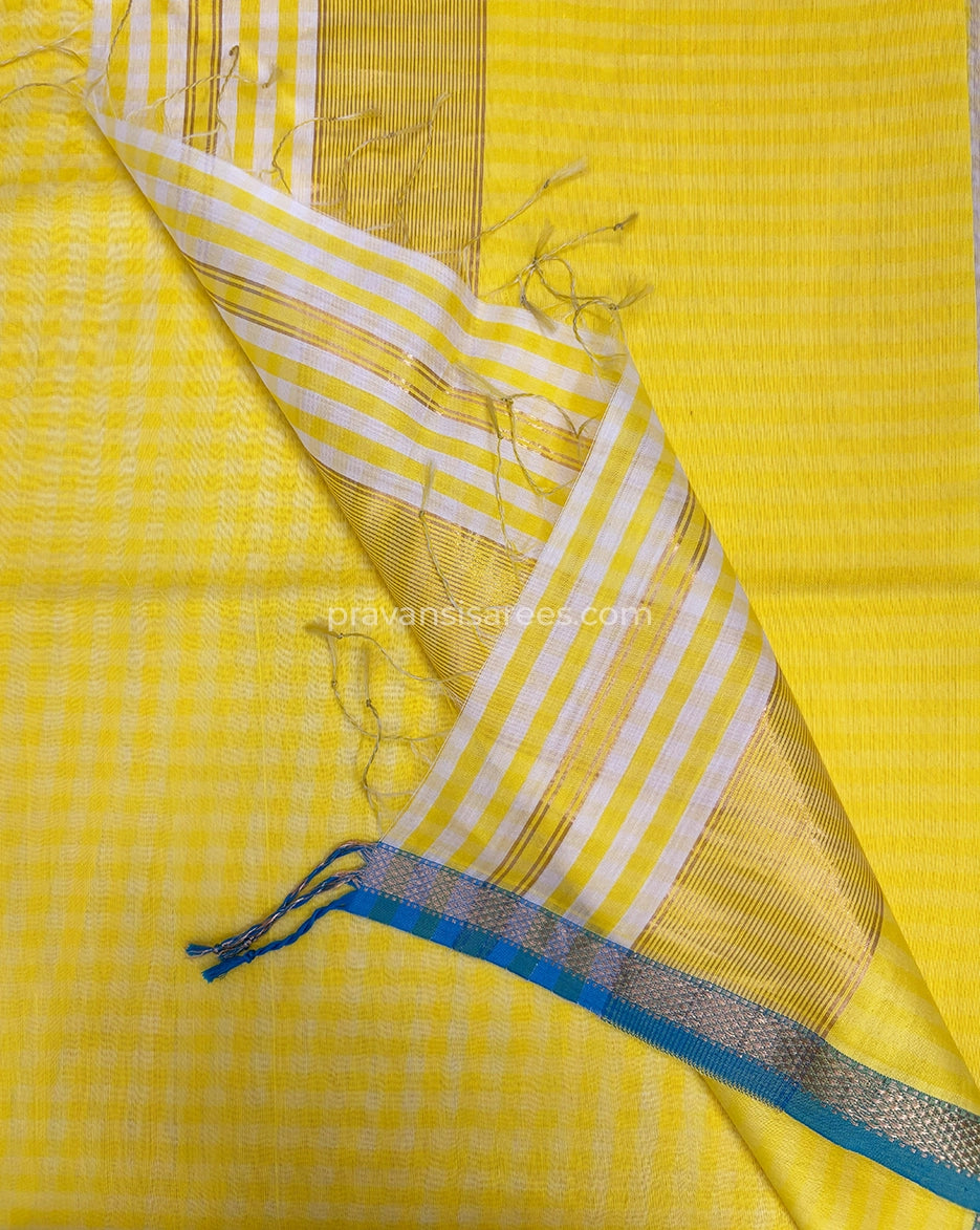 Product view of the Maheshwari Pure Yellow Striped Saree