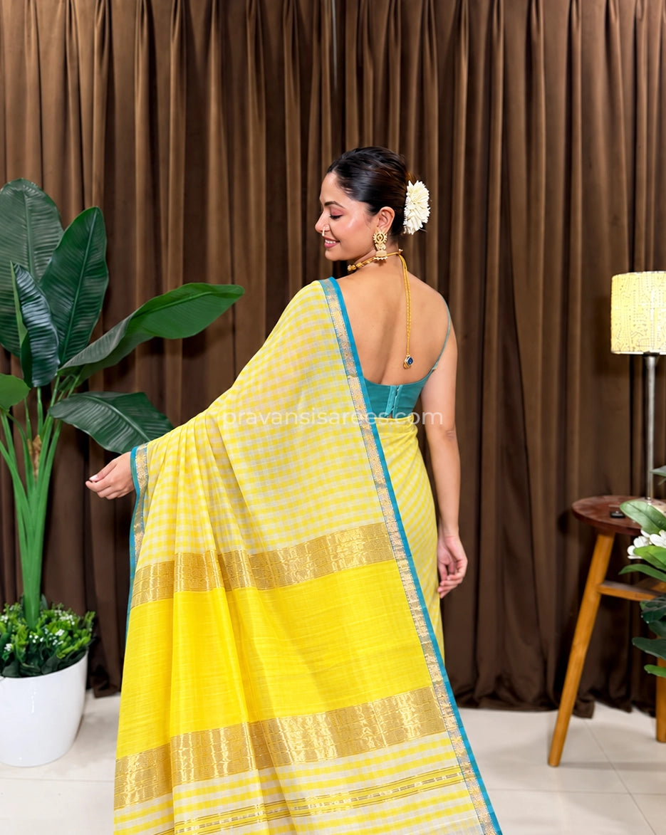 Yellow Maheshwari Striped Saree with Blue Border