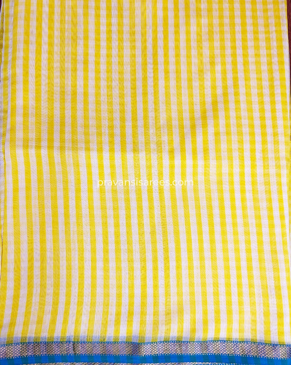 Open view of the Maheshwari Pure Yellow Striped Saree showing the full saree design