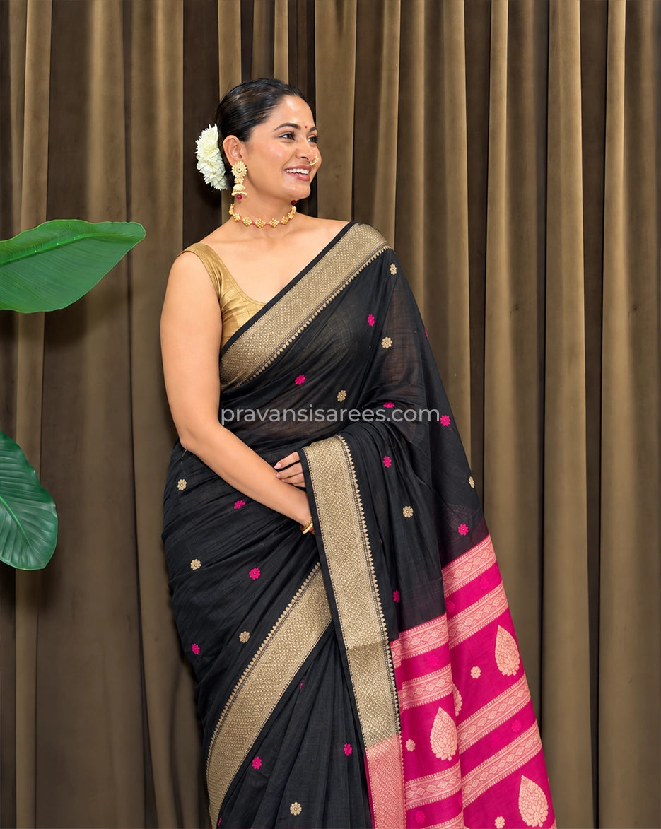 Styled model view of the Maheshwari Semi Buttidar Black Saree