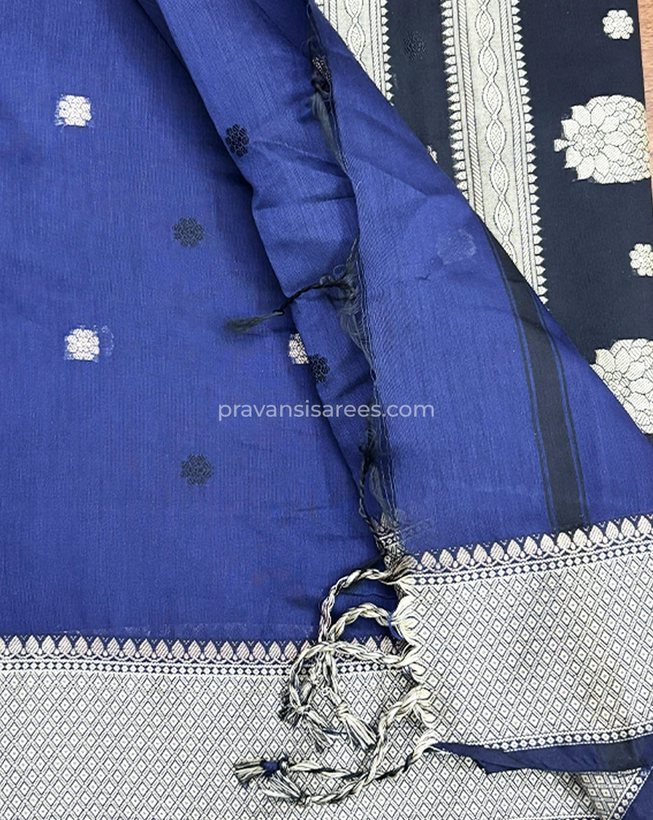 Product view of the Maheshwari Semi Buttidar Blue Saree