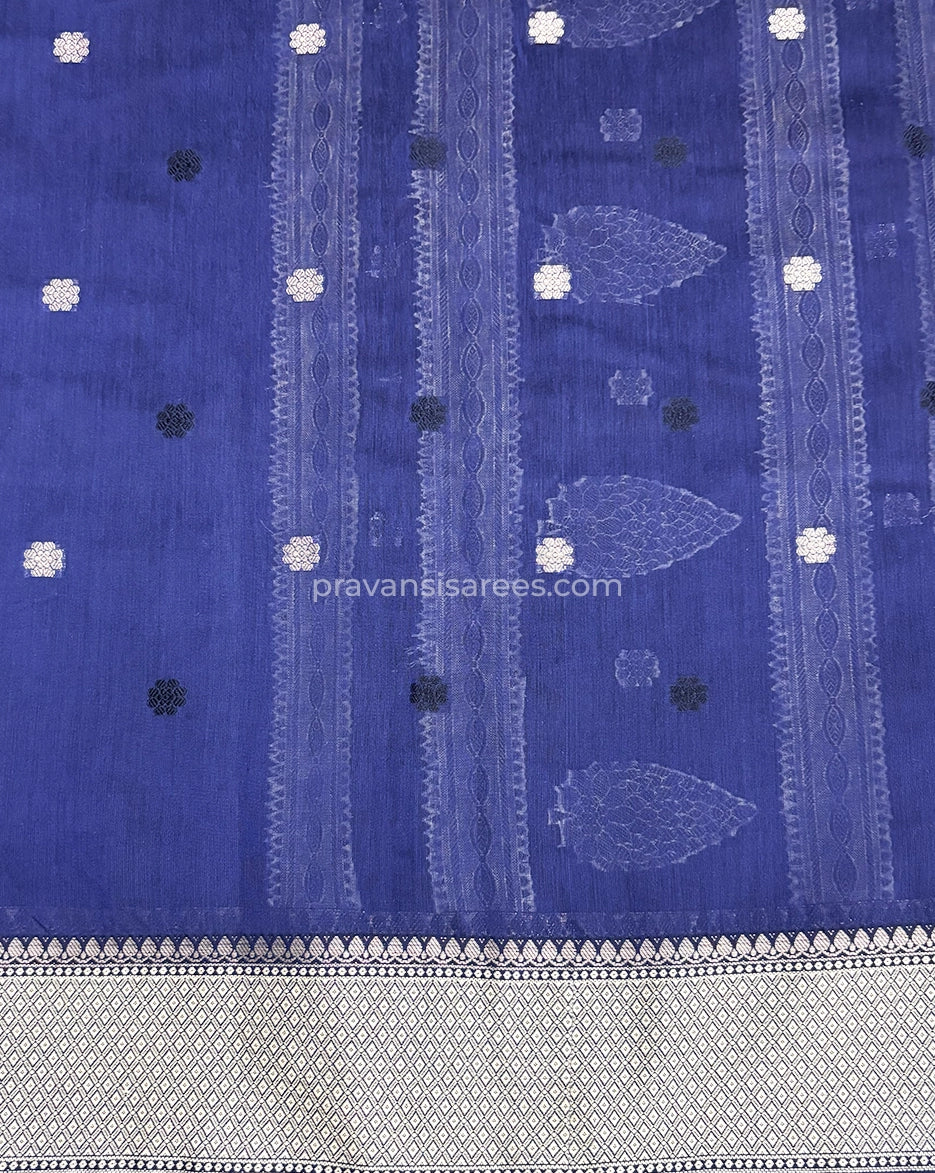 Open view of the Maheshwari Semi Buttidar Blue Saree showing the full saree design