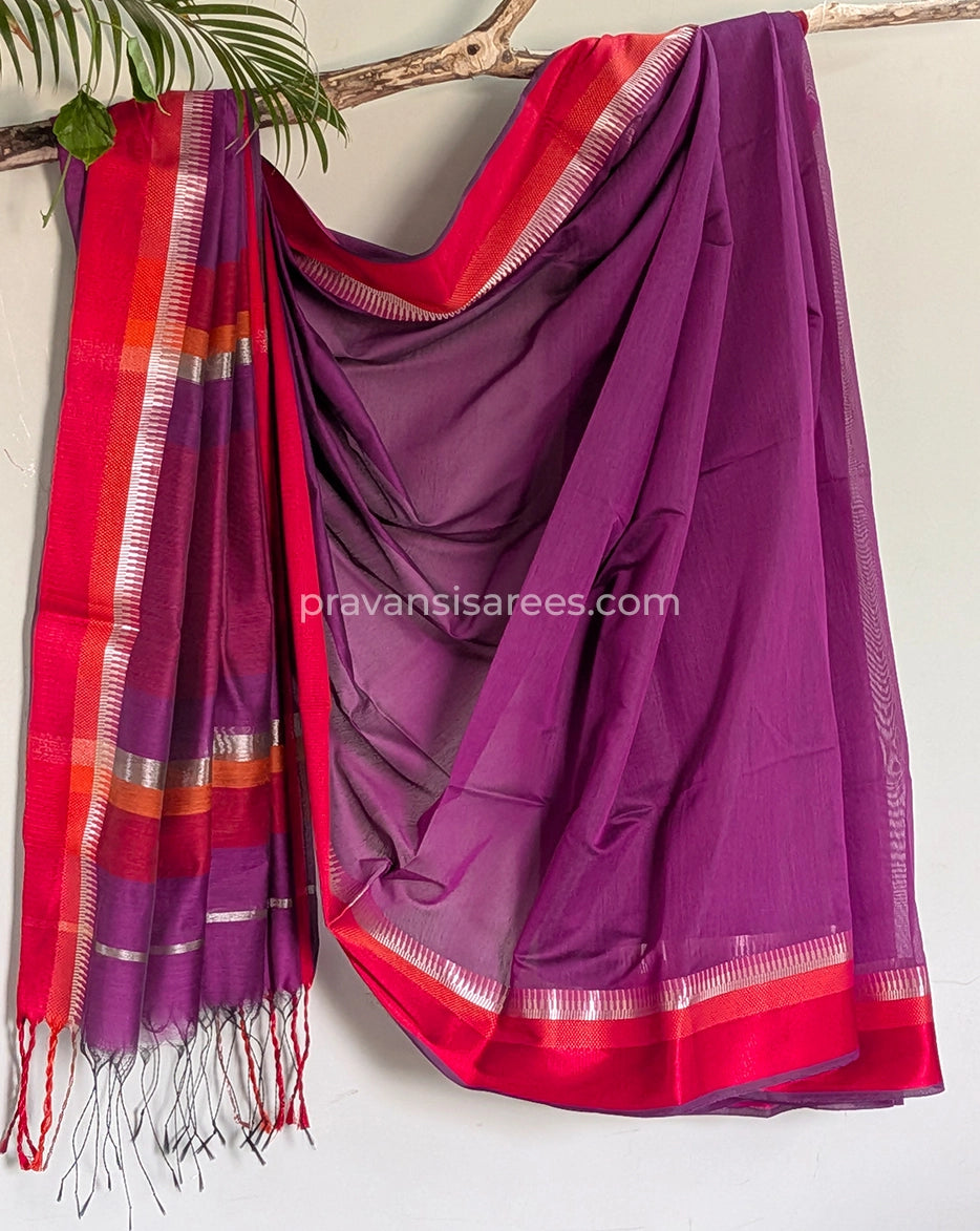 Full view of Maheshwari Semi Khel Border Purple Saree