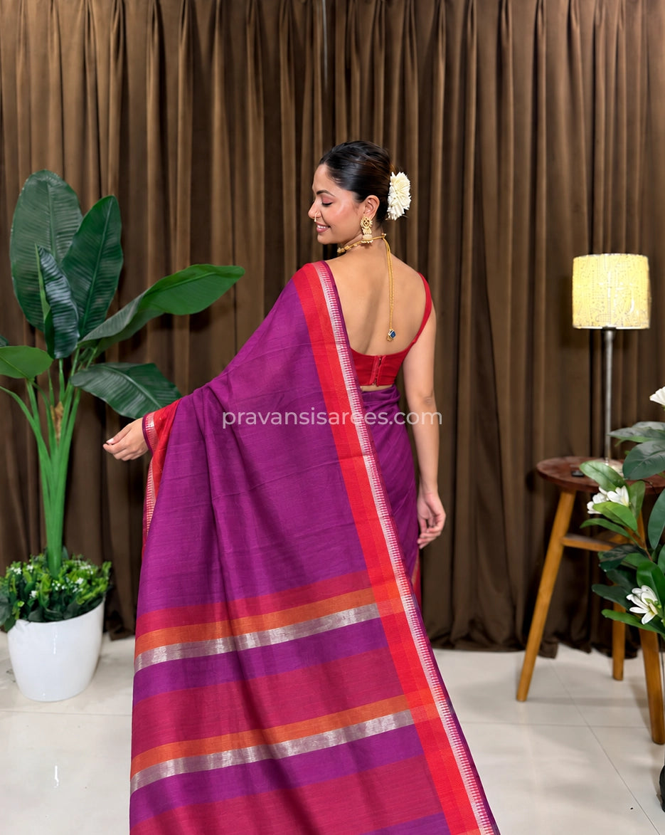 Model view of the Maheshwari Semi Khel Border Purple Saree showing the saree drape