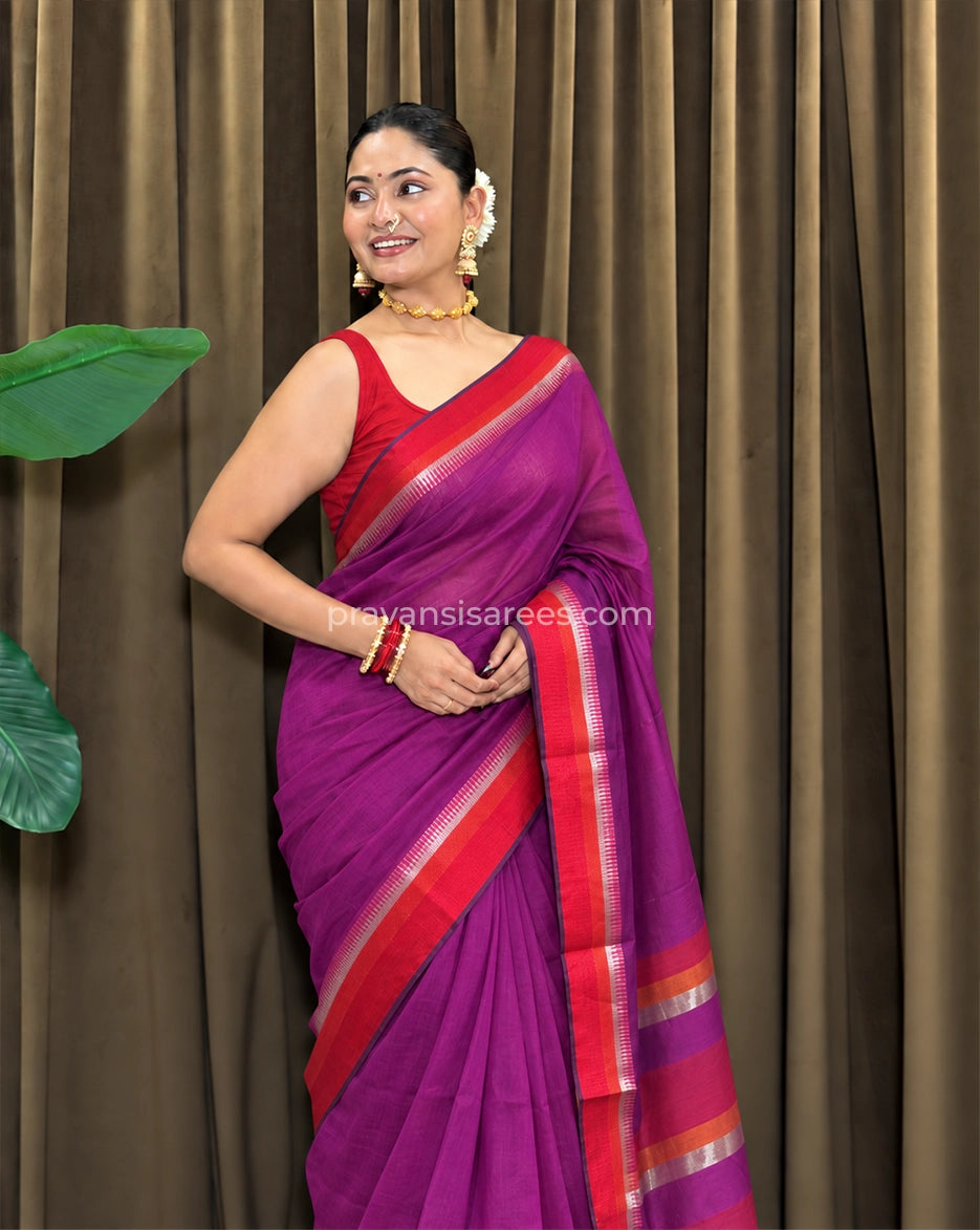 Styled model view of the Maheshwari Semi Khel Border Purple Saree