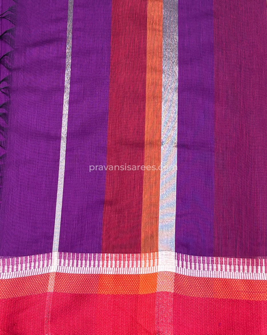 Open view of the Maheshwari Semi Khel Border Purple Saree showing the full saree design