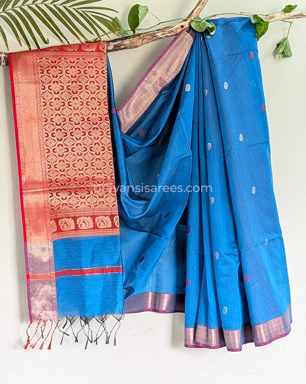 Full view of Maheshwari Semi Palledar Blue Saree