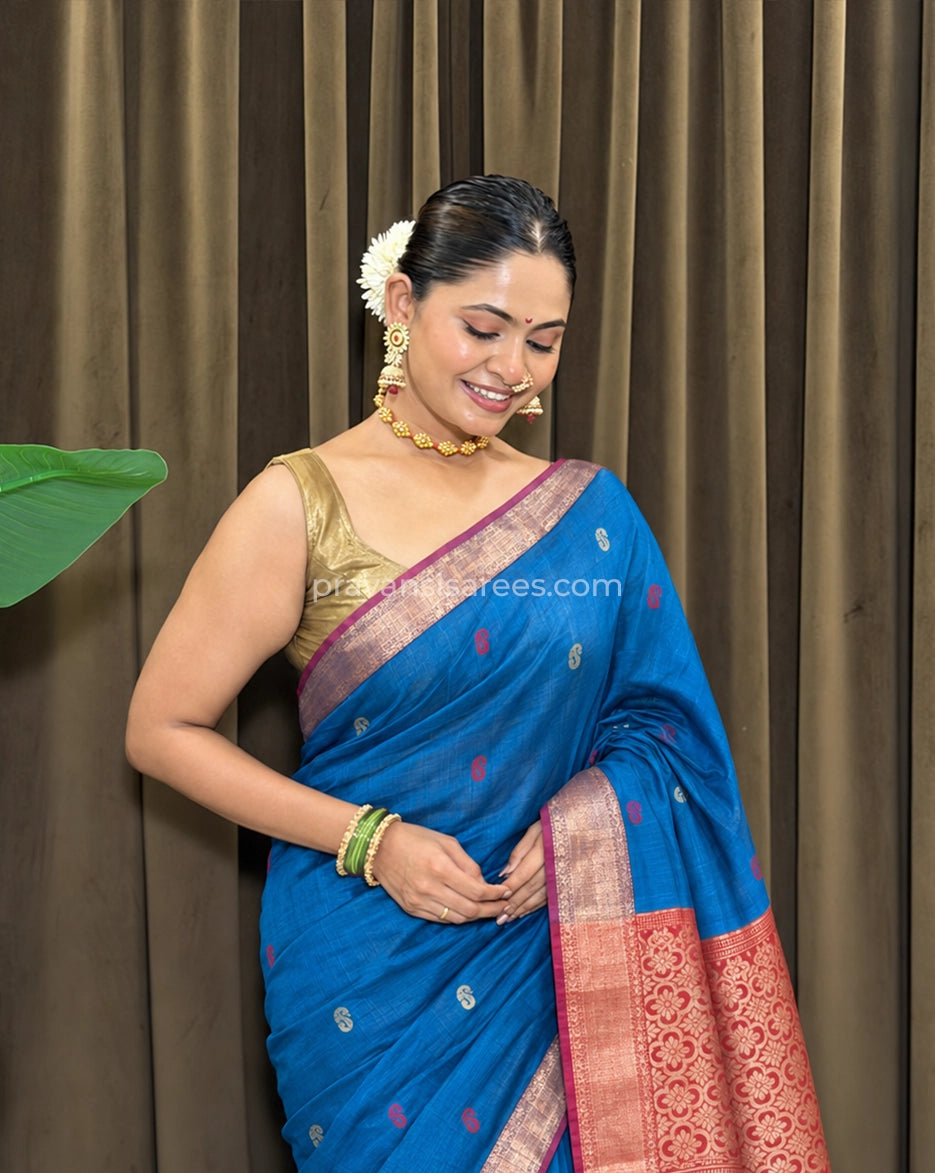 Styled model view of the Maheshwari Semi Palledar Blue Saree