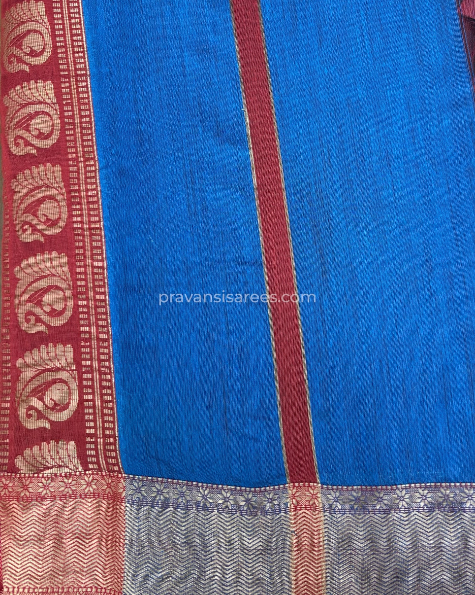 Open view of the Maheshwari Semi Palledar Blue Saree showing the full saree design