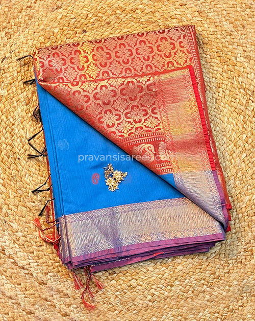 Open view of Maheshwari Semi Palledar Blue Saree