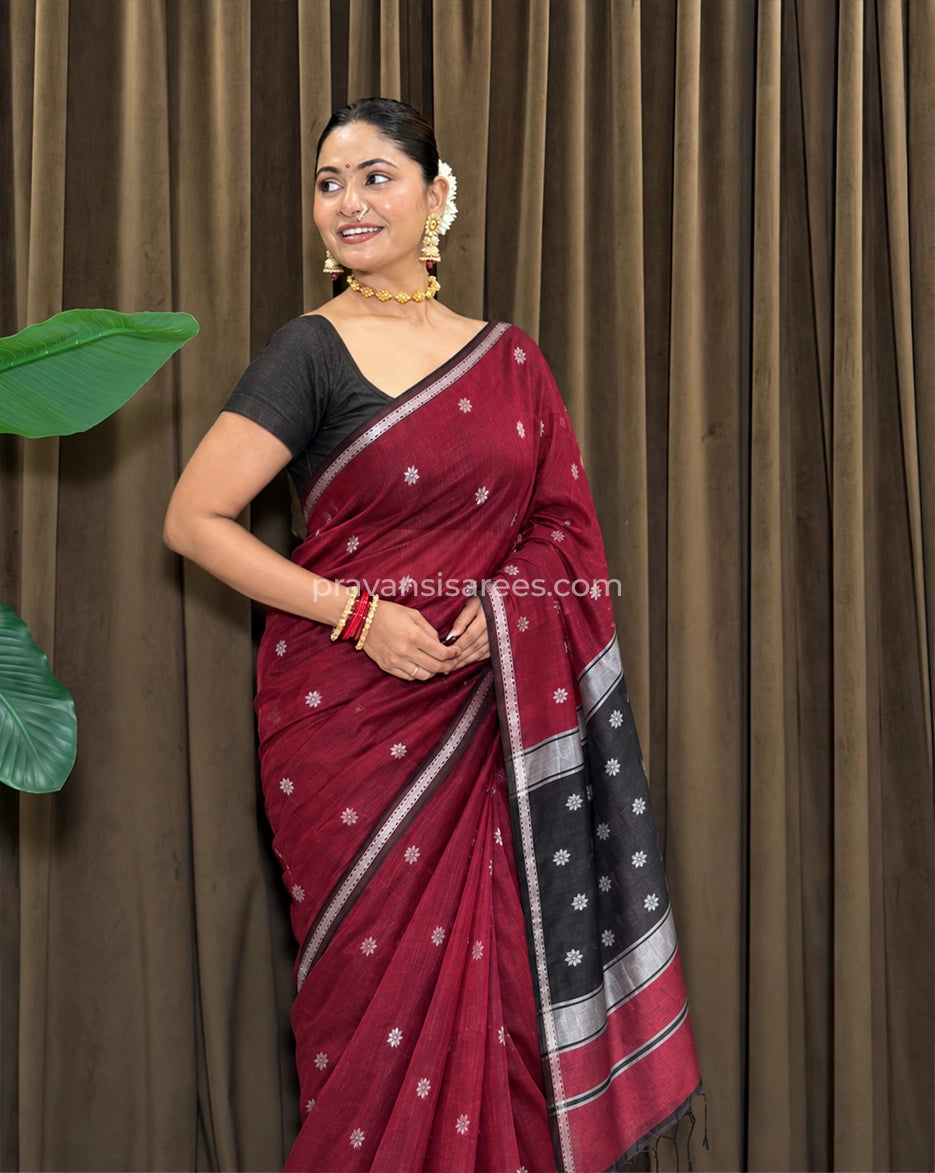 Styled model view of the Maheshwari Semi Star Butti Maroon Saree