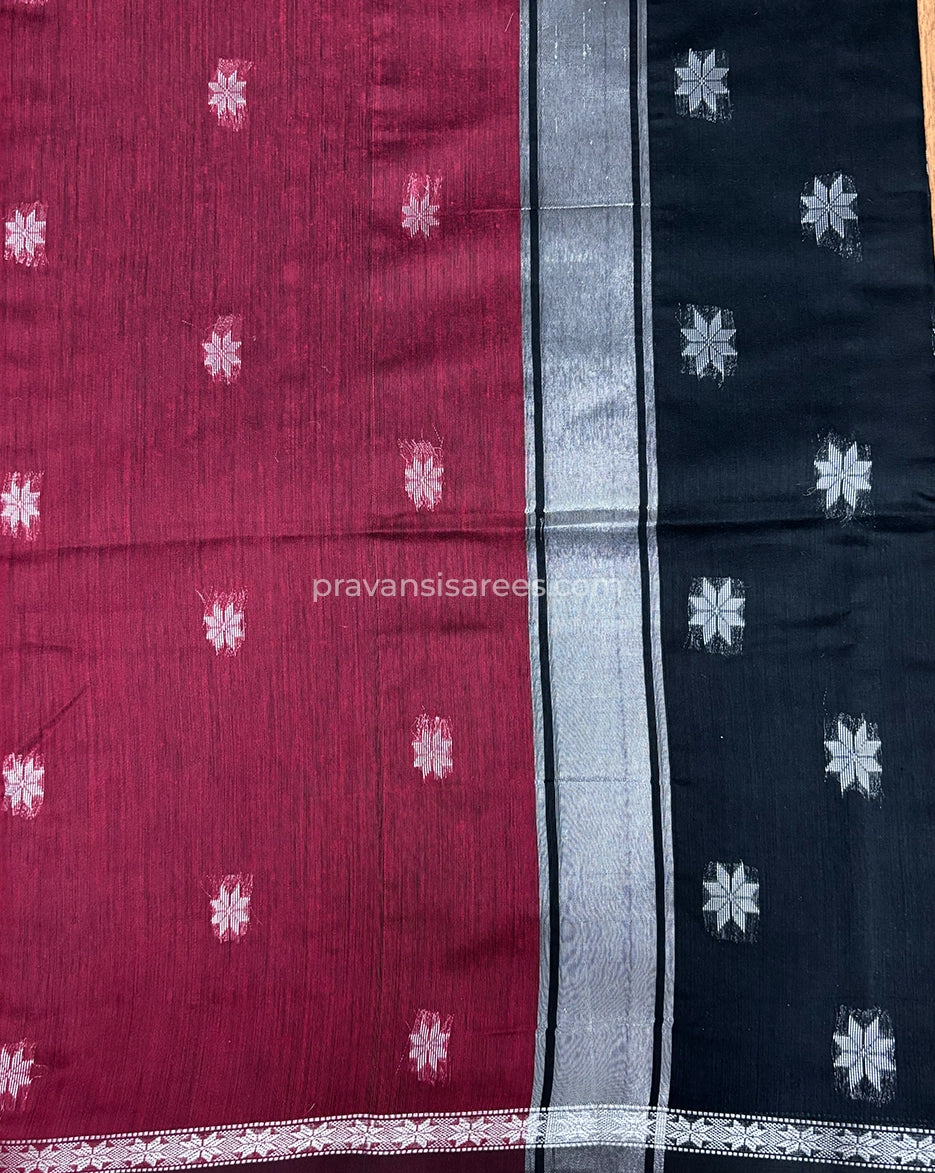 Open view of the Maheshwari Semi Star Butti Maroon Saree showing the full saree design