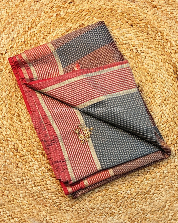 Open view of Maheshwari Semi Zari Checks Grey Saree
