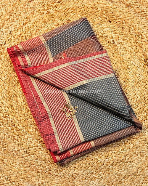 Open view of Maheshwari Semi Zari Checks Grey Saree