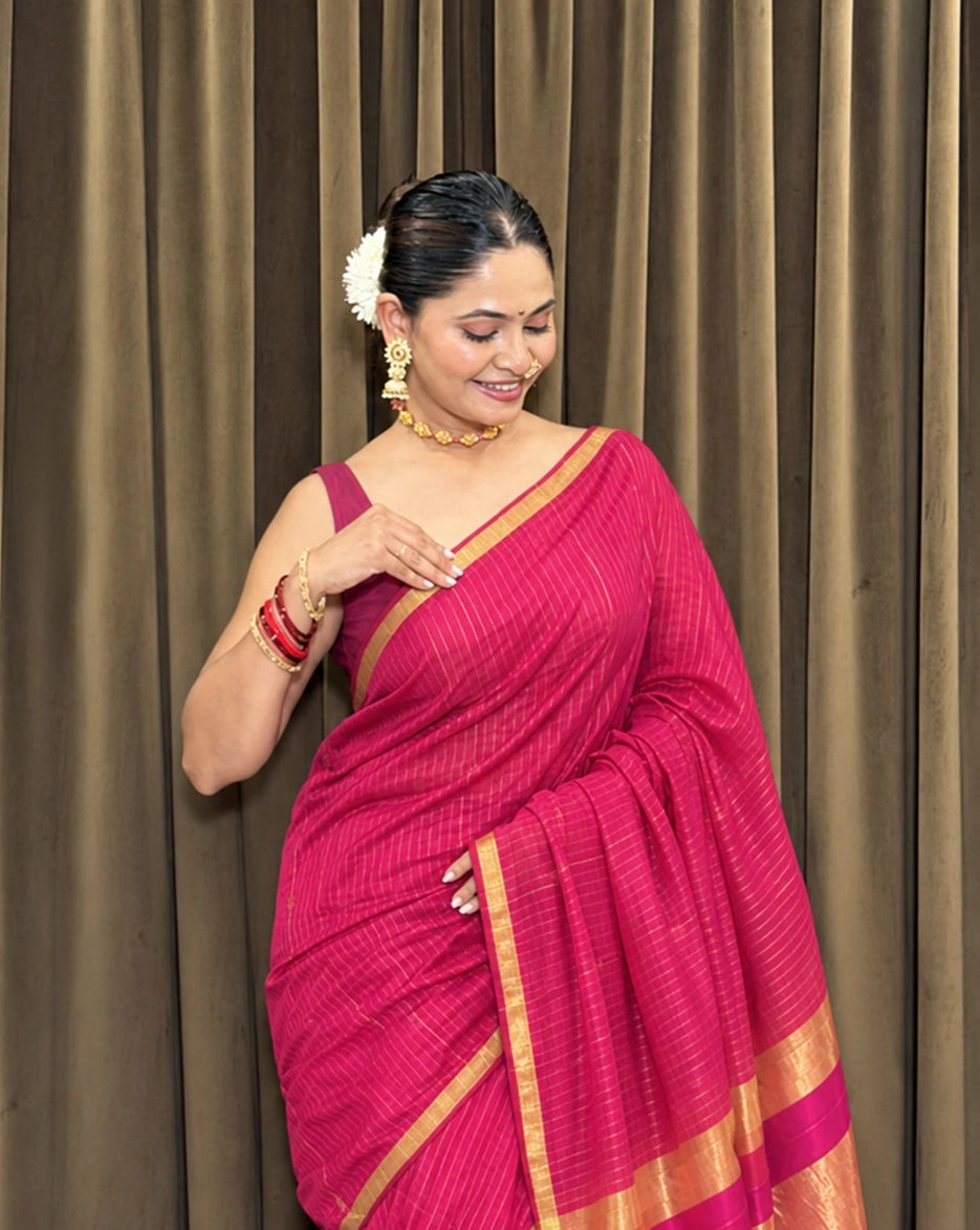 Styled model view of the Maheshwari Semi Zari Linings Rani Pink Saree