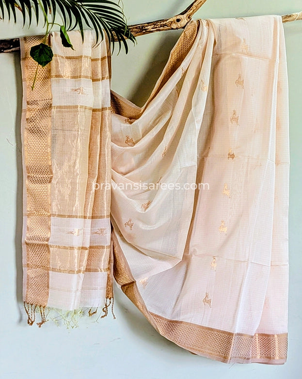 Full view of Pure Maheshwari Barasingha White Butti Saree