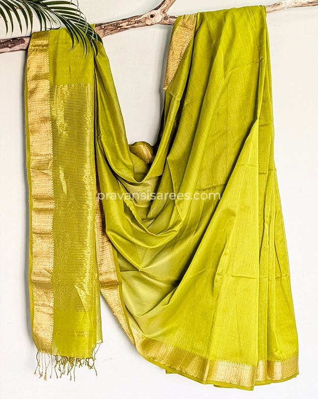 Full view of Pure Maheshwari Check Diamond Border Lime Green Saree