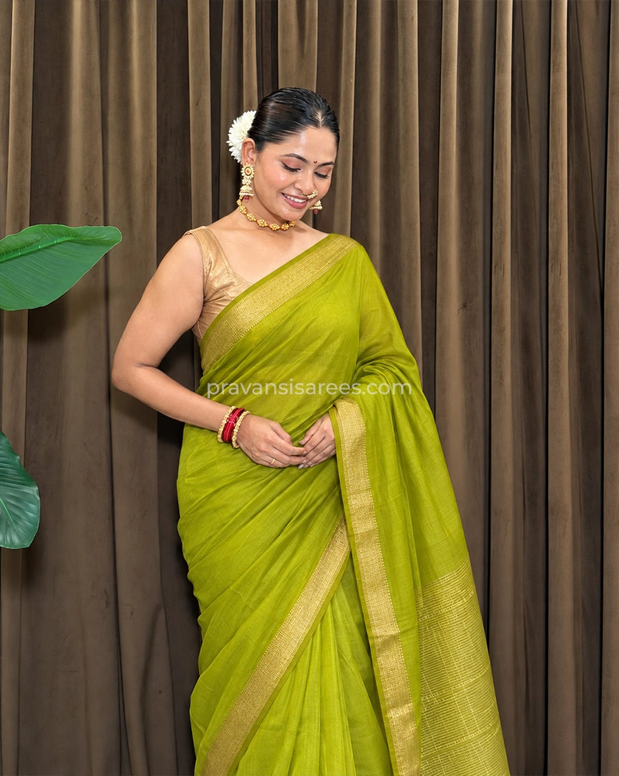 Model wearing the Pure Maheshwari Check Diamond Border Lime Green Saree