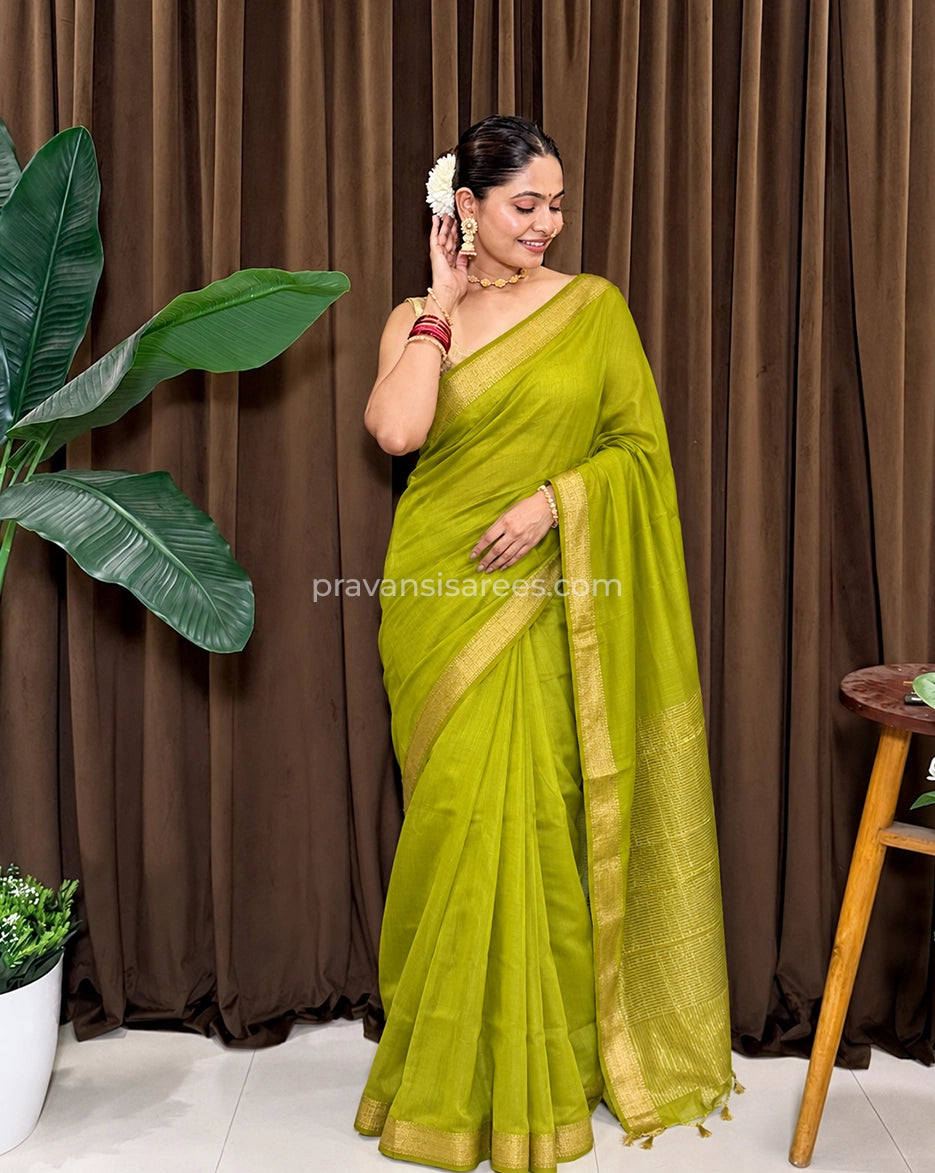 Styled model view of the Pure Maheshwari Check Diamond Border Lime Green Saree