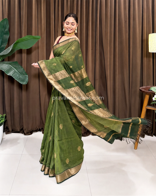 Model view of the Pure Maheshwari Flower Butta Green Saree showing the saree drape