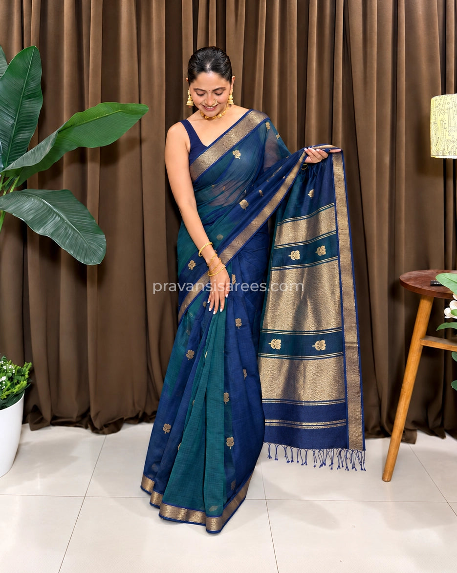 Model wearing the Pure Maheshwari Lotus Butta Navy Blue Saree