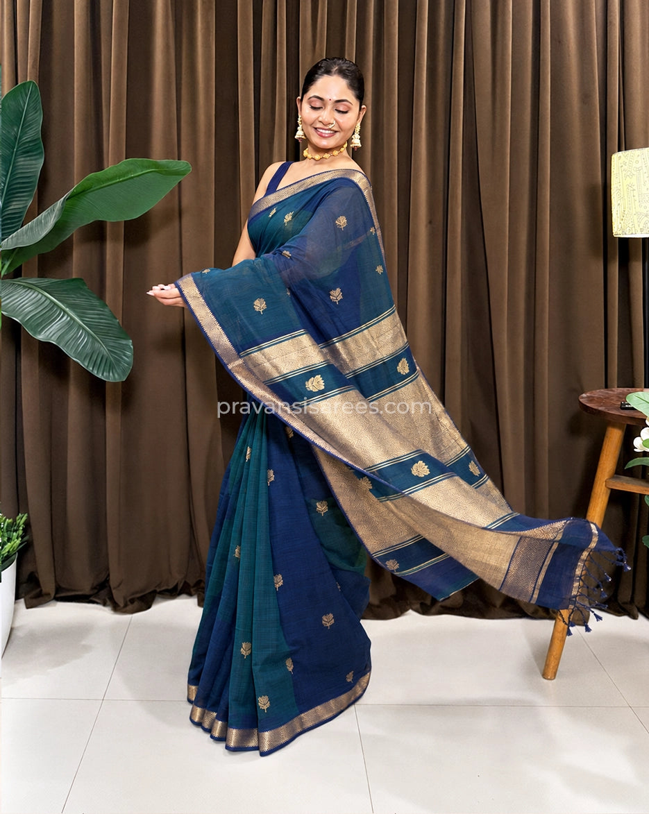 Model view of the Pure Maheshwari Lotus Butta Navy Blue Saree showing the saree drape