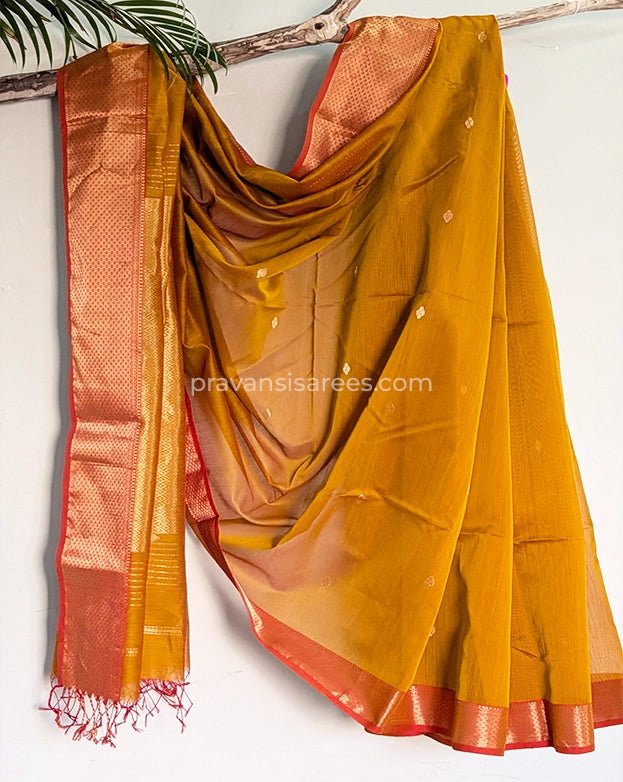 Full view of Pure Maheshwari Palledar Mustard Saree