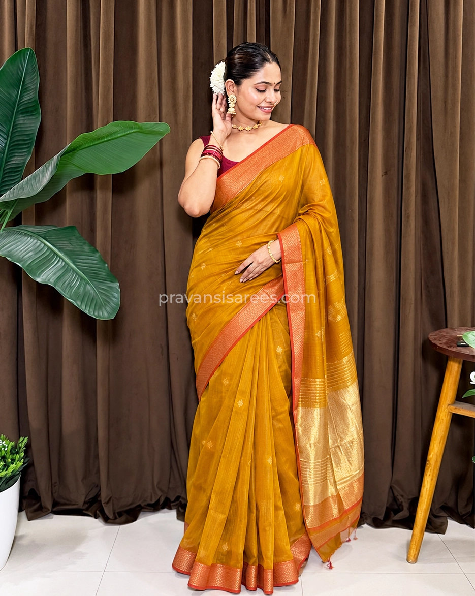 Mustard Palledar Maheshwari Saree with Zari Motifs