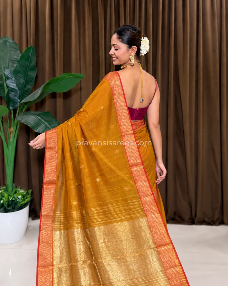 Mustard Palledar Maheshwari Saree with Zari Motifs