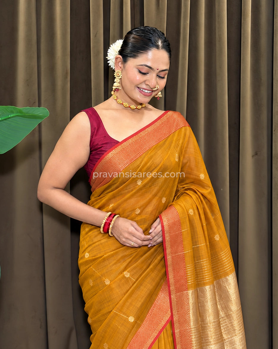 Styled model view of the Pure Maheshwari Palledar Mustard Saree