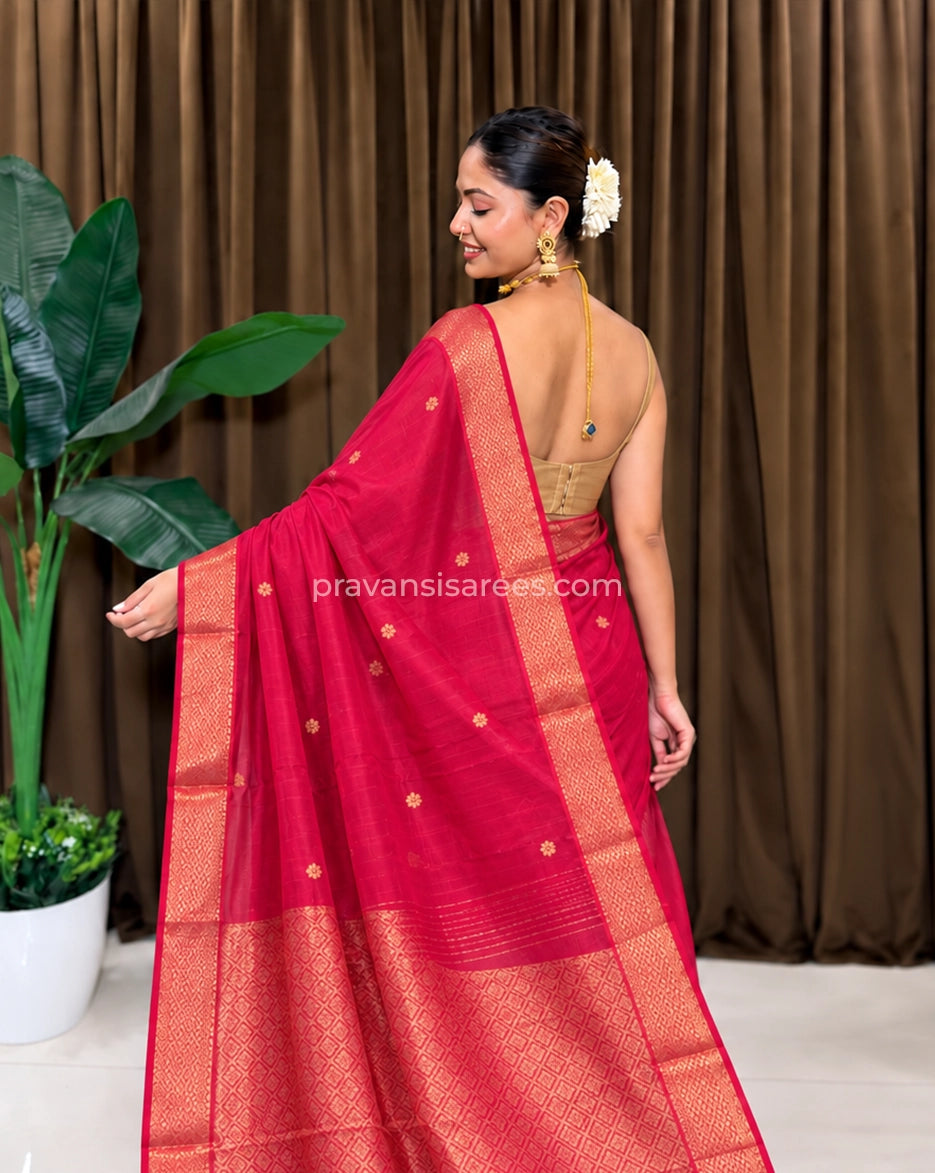 Model view of the Pure Maheshwari Palledar Royal Rani Pink Saree showing the saree drape