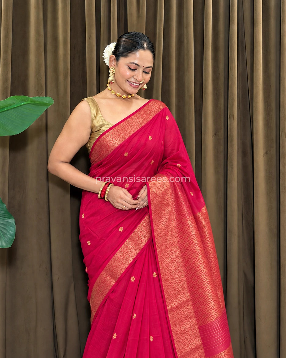 Styled model view of the Pure Maheshwari Palledar Royal Rani Pink Saree