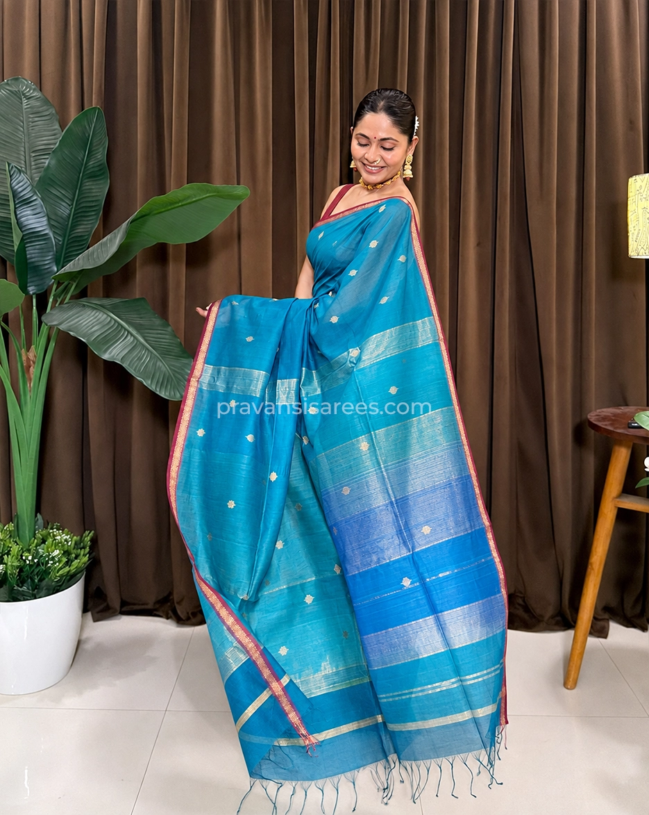 Model view of the Pure Maheshwari Shaded Butti Blue Saree showing the saree drape