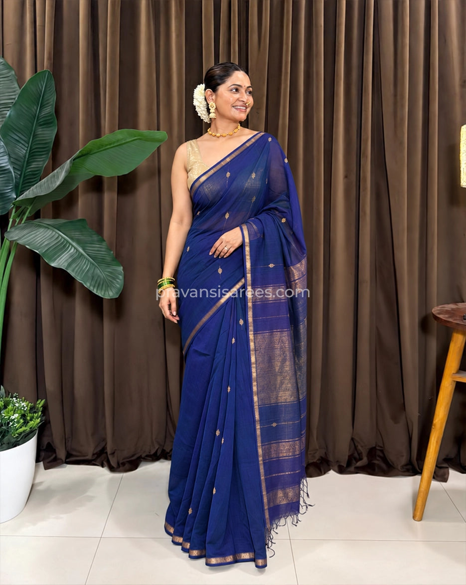 Model wearing the Pure Maheshwari Shaded Butti Indigo Blue Saree