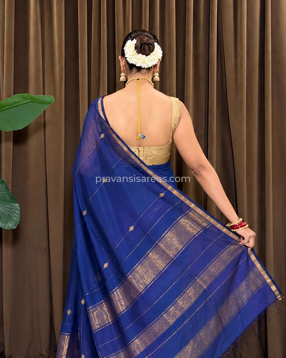 Model view of the Pure Maheshwari Shaded Butti Indigo Blue Saree showing the saree drape