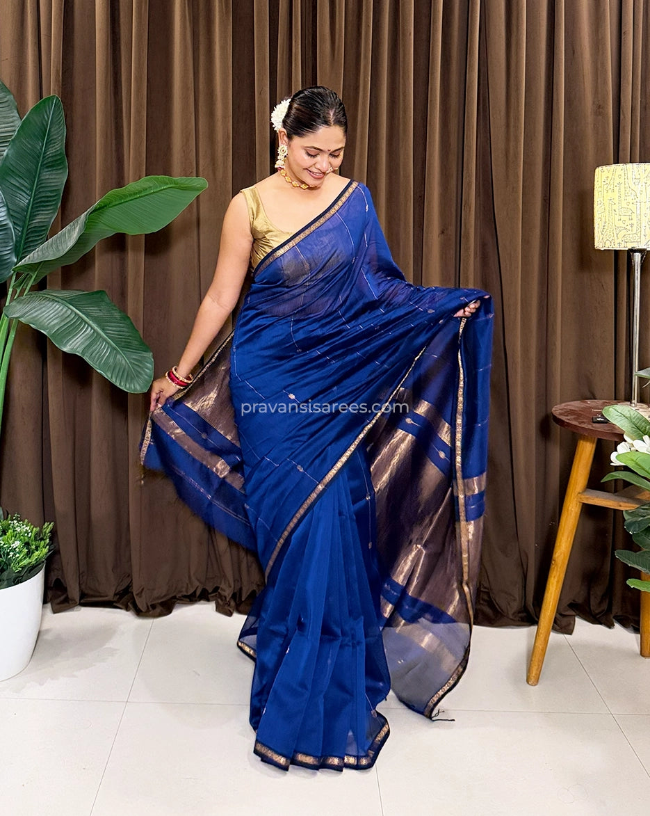 Pure Maheshwari Blue Saree with Star Butta and Zari Border