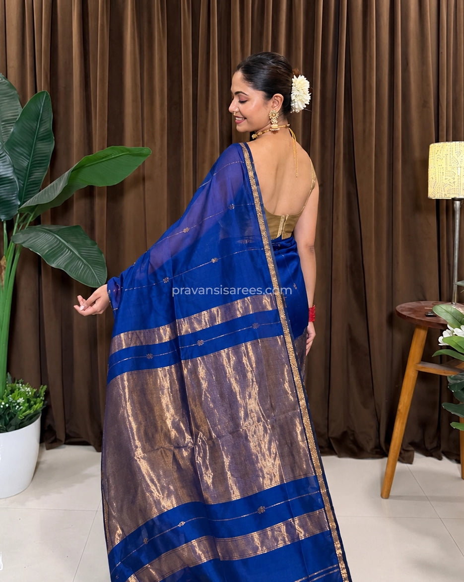 Pure Maheshwari Blue Saree with Star Butta and Zari Border