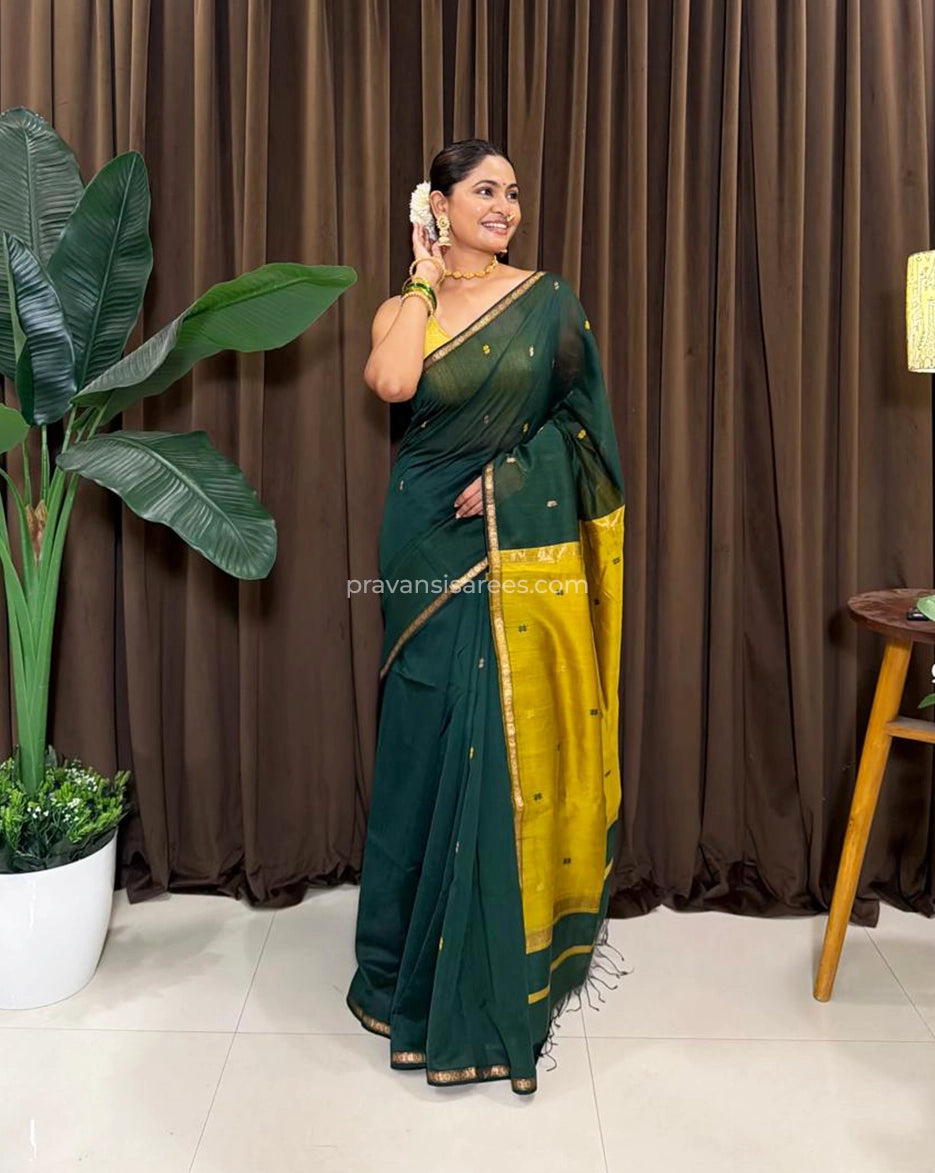 Pure Maheshwari Star Butta Dual Tone Green Saree with Yellow Pallu