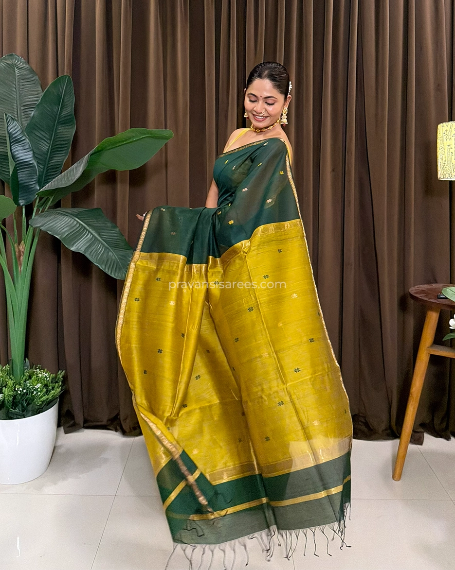 Pure Maheshwari Star Butta Dual Tone Green Saree with Yellow Pallu