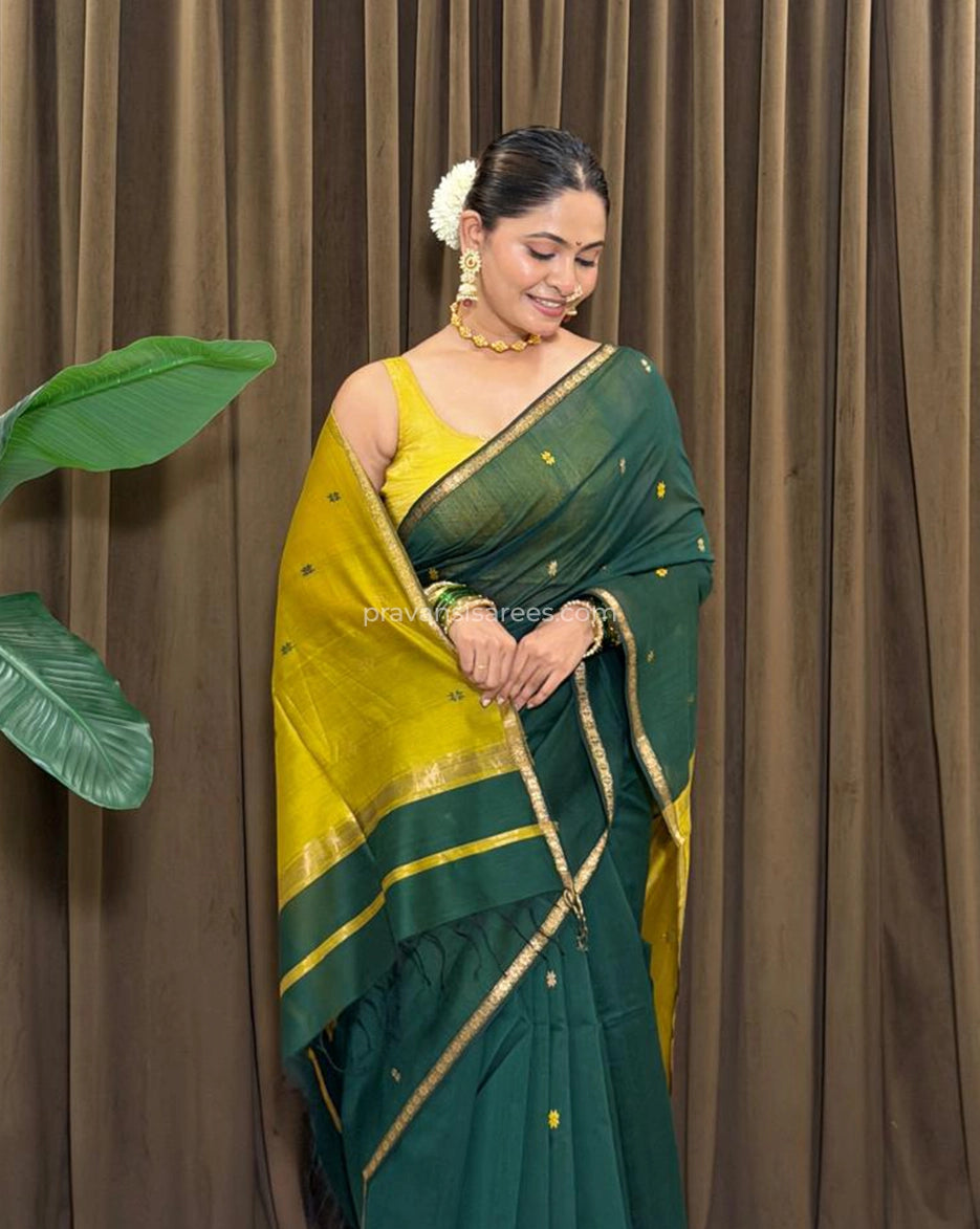 Styled model view of the Pure Maheshwari Star Butta Dual Tone Green Saree