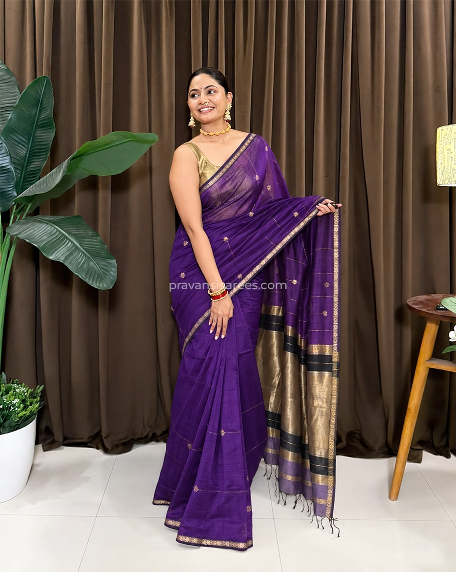Pure Maheshwari Star Butti Purple Saree with Gold Checks
