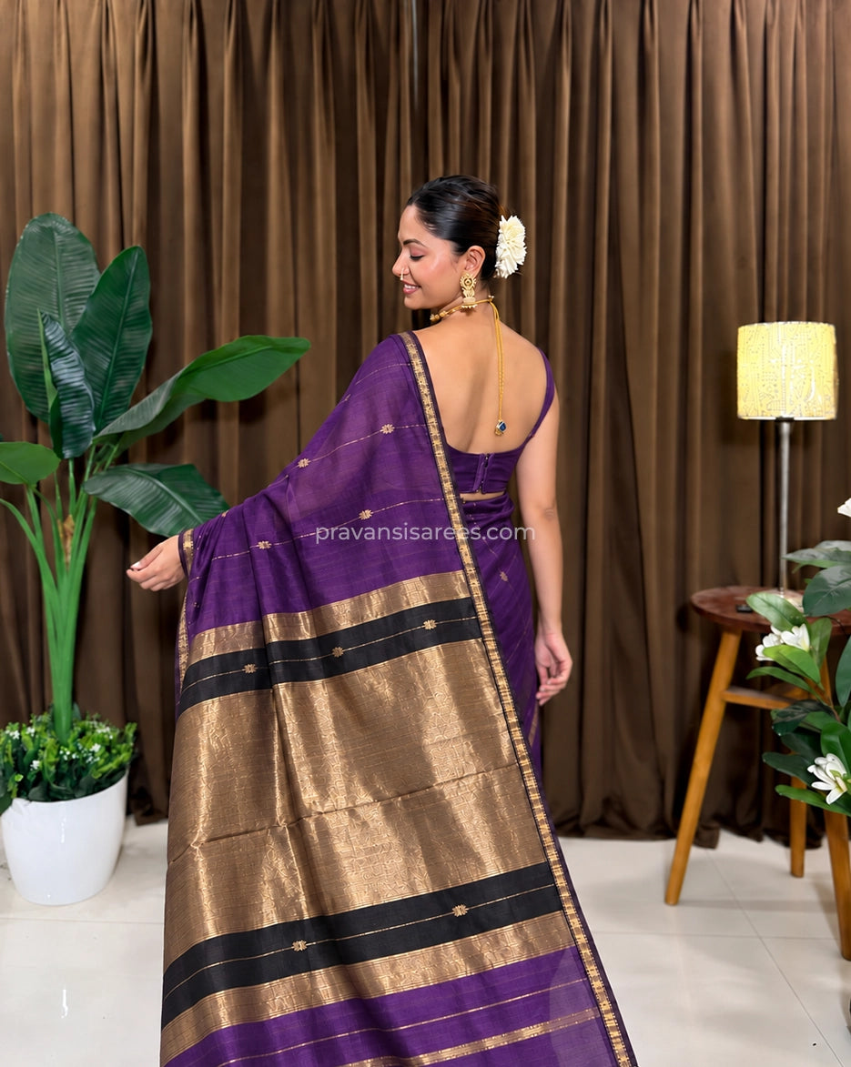 Pure Maheshwari Star Butti Purple Saree with Gold Checks