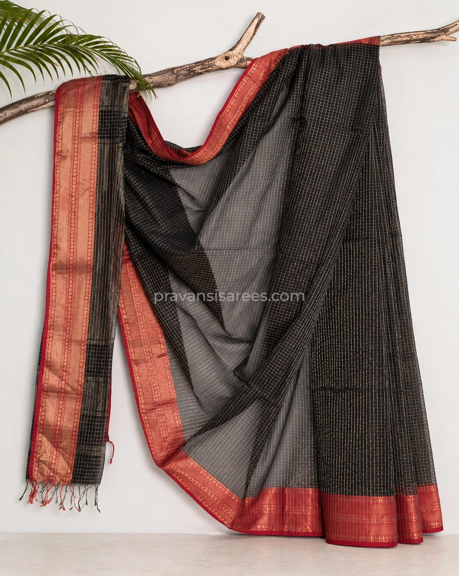 Full view of Pure Maheshwari Zari Checks Grey Saree
