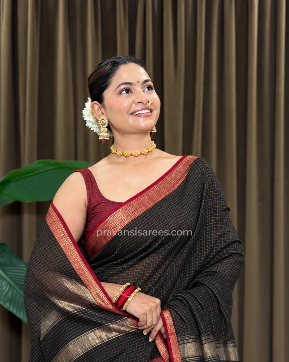 Styled model view of the Pure Maheshwari Zari Checks Grey Saree